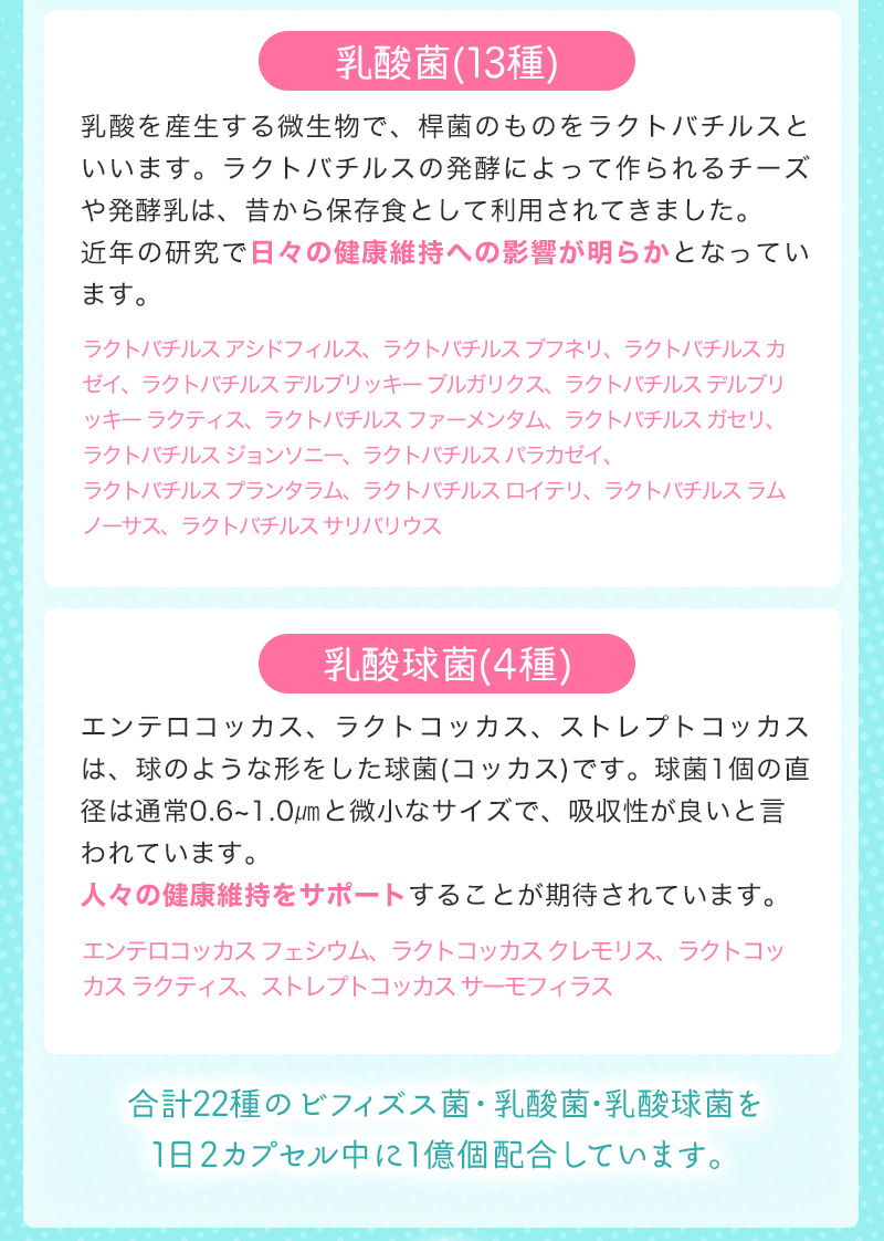 合計22種のビフィズス菌・乳酸菌・乳酸球菌を1日2カプセル中に1億個配合